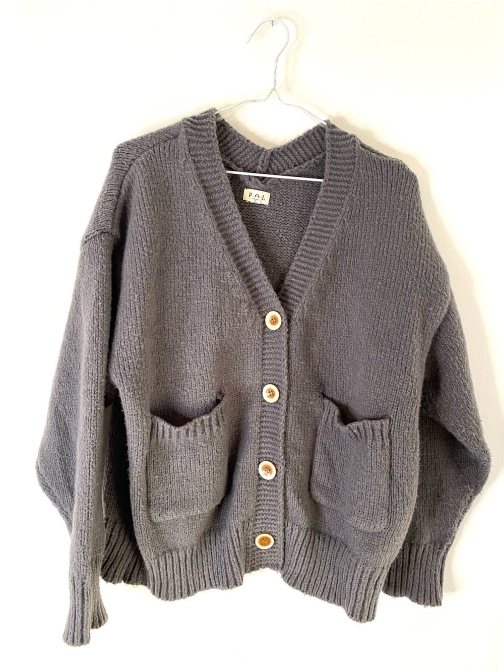 POL Grey Oversized Button Front Cardigan Sweater Patch Pockets Cozy Knit